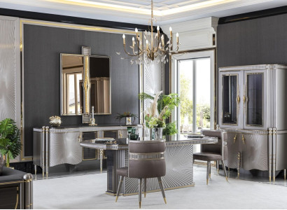 Dining room set gray dining table luxury 4x chairs sideboard mirror display case luxury 8 pieces.