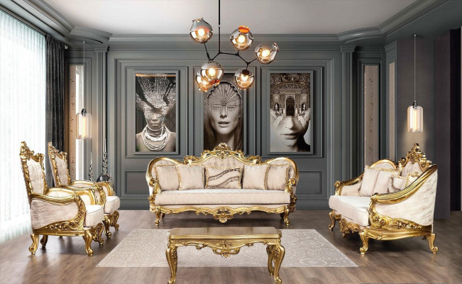 Golden sofa set Couch set 5 pieces with coffee table Chesterfield Baroque