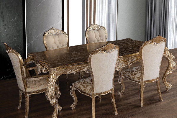 Golden Dining room set Designer Rectangular Dining table with x4 Chesterfield chairs 5 pieces. set