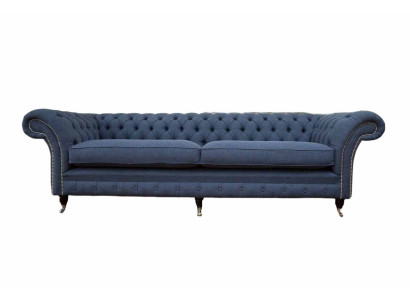 Design Chesterfield Sofa 4 Seater Fabric Couch Blue Upholstery Living room