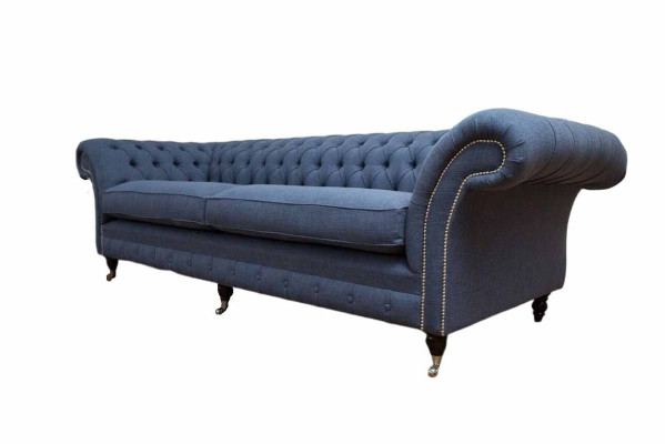 Design Chesterfield Sofa 4 Seater Fabric Couch Blue Upholstery Living room