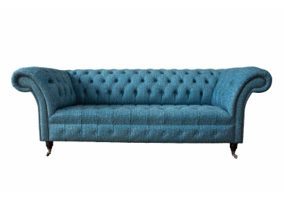 Blue three-seater velvet couch living room couches sofa seating furniture sofa Chesterfield