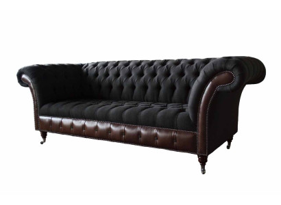 Chesterfield 3 Seater Sofa Couch Leather Upholstery Seat Fabric Black new
