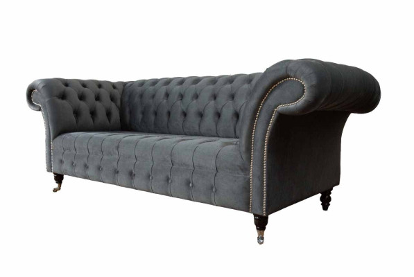 English Chesterfield Sofa Couch Office Furniture Three Seat Velvet 230cm Gray