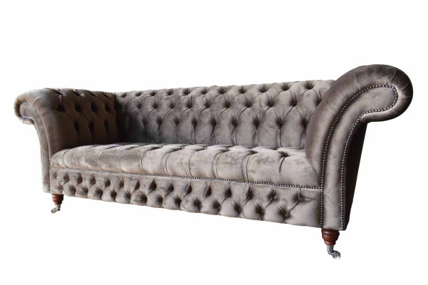 English Chesterfield Sofa Couch Office Furniture Three Seat Velvet 230cm Taupe