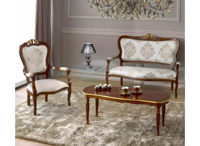 Classic seating set Two-seater Armchair Coffee table Designer wooden furniture