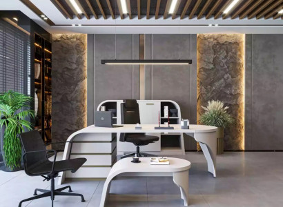 White Office Set Chef Desk Oval Coffee table Filing cabinet Shelf 3pcs.