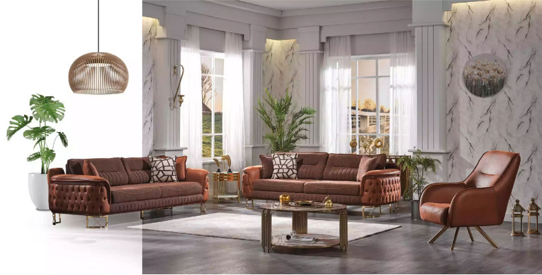 Brown Chesterfield sofa set 3+3+1 seater designer couches 3 pieces