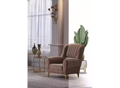 Brown Textile Armchair Luxury Living Room Single Seater Wooden Frame Modern