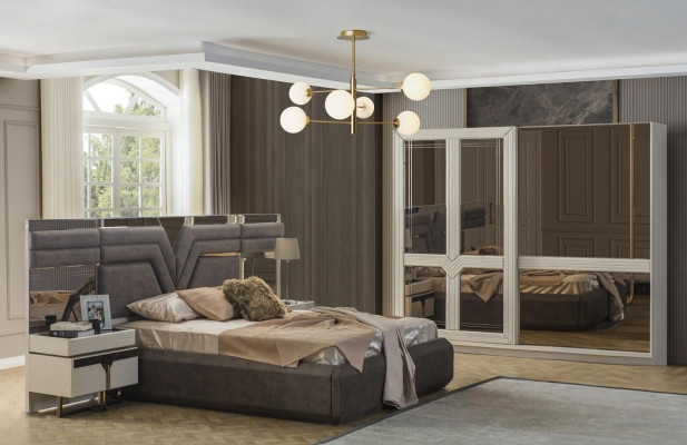 Suite Bedroom Double bed Bed Bedside tables 4pcs Gray Wardrobe