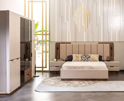 Luxury Double bed Suite Bedroom Bedside tables 4-piece Beige Wardrobe