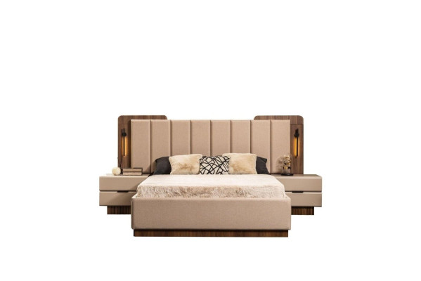 Complete e Bedroom Double bed Bed Bedside tables Beige Fabric 3pcs