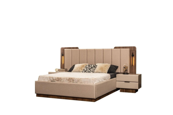 Complete e Bedroom Double bed Bed Bedside tables Beige Fabric 3pcs