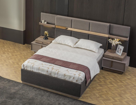 Complete e Bedroom Double bed Set 3-piece Bed Bedside tables Gray Fabric