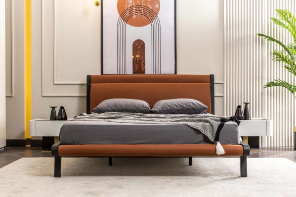 Suite Double bed Bed Bedroom Bedside tables 3pcs Orange Modern