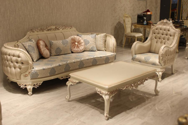 Modern sofa set with trendy upholstered furniture and comfortable armchair and coffee table