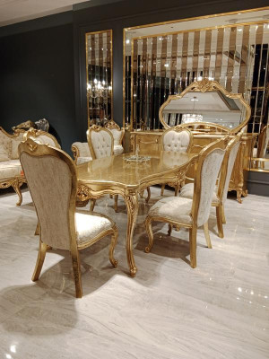 Classic Dining table + 6x Chairs + Sideboard with Mirror Gold Wood Chest of drawers new