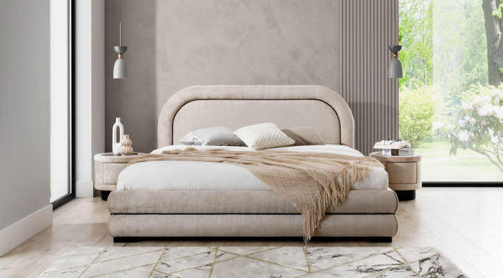 Bedroom Suite Designer Beige Double bed 2x Textile Bedside tables