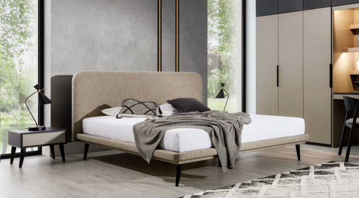 Noble Bedroom Furniture Brown Textile Bed Designer Wood 2x Bedside tables