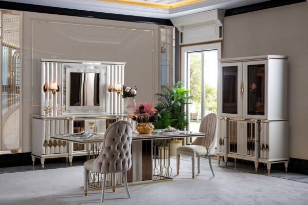 Dining room set white dining table luxury 4x chairs sideboard display case new 8 pieces.