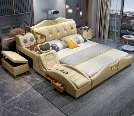 Design Bed Beige Hotel Upholstery 180x200 Multifunction Shelf Beds new