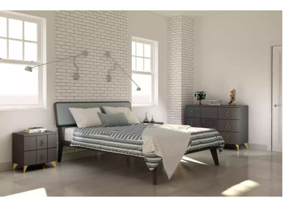 Bedroom Set Luxury Bed 2x Bedside tables Design gray 3-piece Chest of drawers