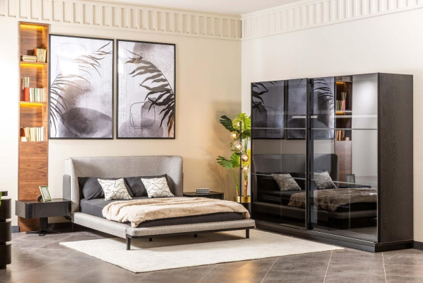 Modern Bedroom Set Designer Double bed x2 Bedside tables Glass cabinet