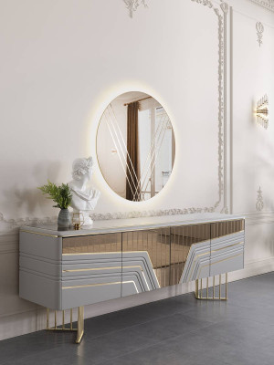 Modern silver sideboard round mirror LED lighting designer 2-piece set