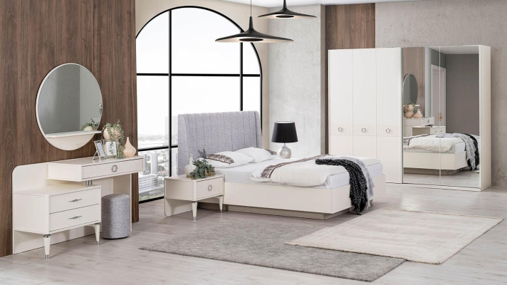 Suite Double bed bed frame Fabric Bedroom White Wood Set 7pcs
