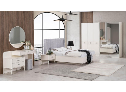 Suite Double bed bed frame Fabric Bedroom White Wood Set 7pcs