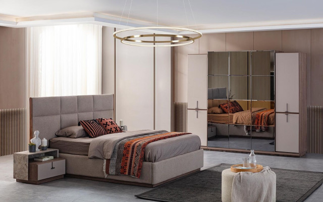 Complete e Bedroom Double bed Bed Bedside tables Gray 4-piece Wardrobe
