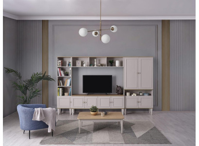 Wall unit Living room wall TV stand Wood TV cabinet Lowboard Gray shelves set