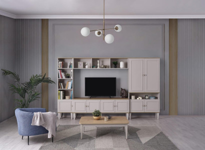 Wall unit Living room wall TV stand Wood TV cabinet Lowboard Gray shelves set
