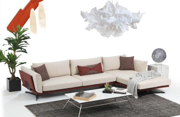 Corner sofa L-shape Beige Modern Fabric Design Living room Sofa Polyester