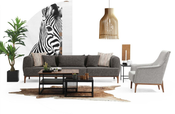 Sofa set Three Seater Seater Modern Armchair Fabric Gray Living room Set