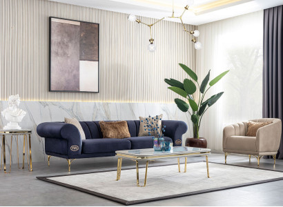 Blue -Beige Living room Set Luxury Sofa set 3+3+1 Seater Design Couch