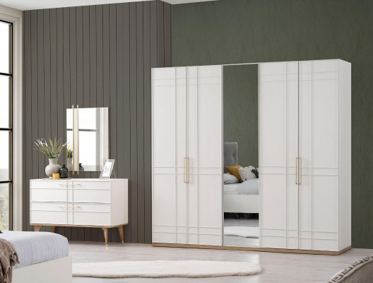Group Double bed Complete e Bed Bedroom furniture Wood 6-piece set White