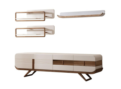 White Living room Wall unit Designer Lowboard 2x Shelves Wood Furniture 4pcs