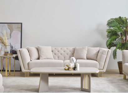 White living room set Chesterfield three-seater luxurious coffee table 2-piece