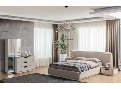 Beige Bedroom Furniture Textile Bed Wood Dressing Tables 2x Bedside tables