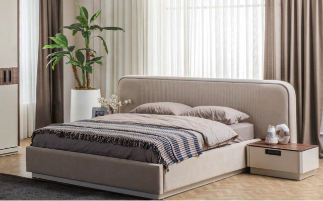 Beige Bedroom Furniture Textile Bed Wood Dressing Tables 2x Bedside tables