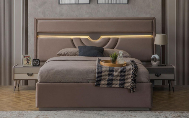 Double bed Bedroom Bed Bedside tables Beige Set 3-piece bed base