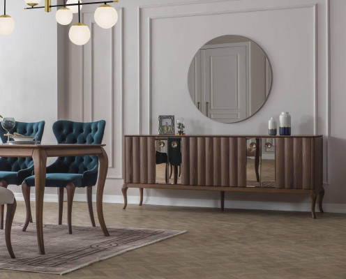 Brown 4-Door Sideboard Luxurious Mirror Dining room Wood Furniture 2pcs
