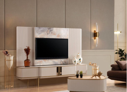White Lowboard with TV Frame Living room Designer Furniture Stainless steel frame