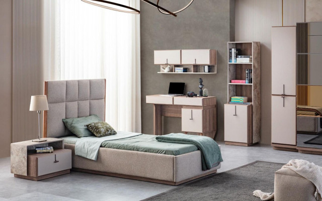 Childrens room Furniture Designer Single Bed Wood Bedside table Desk 4pcs