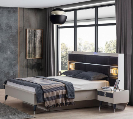 Gray and white Bedroom Suite Double bed 2x Bedside tables 3-piece set