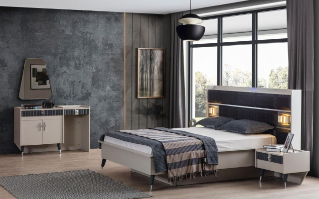 Gray and white Bedroom Suite Double bed 2x Bedside tables 3-piece set