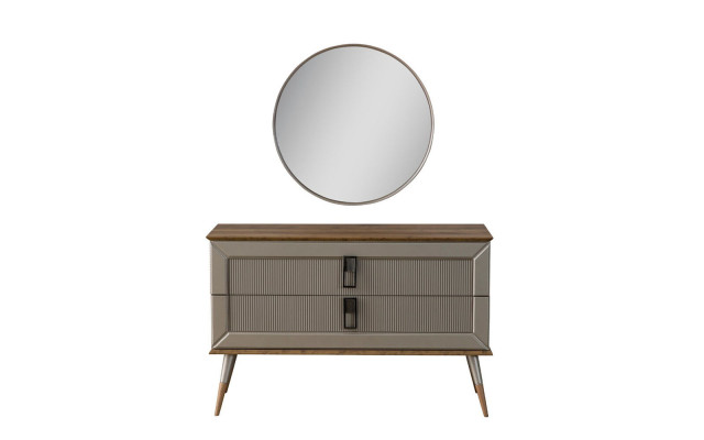 Brown designer chest of drawers elegant round mirror luxury dressing table set 2 pieces