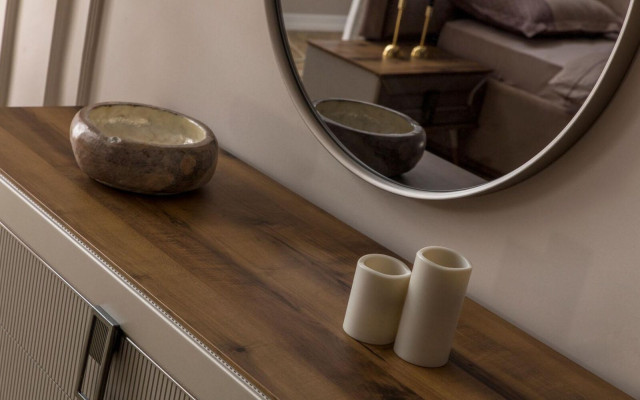 Brown designer chest of drawers elegant round mirror luxury dressing table set 2 pieces