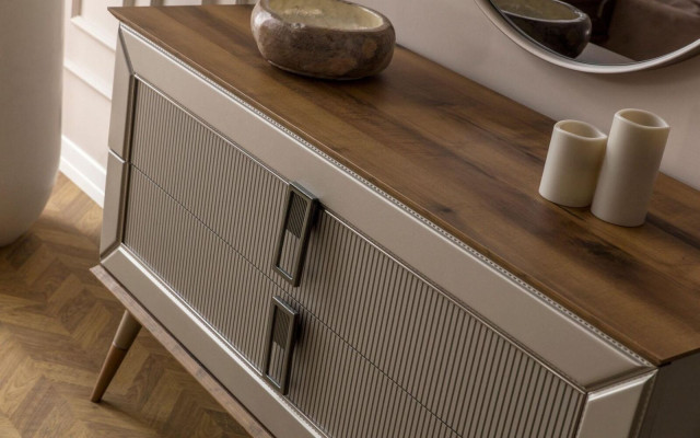 Brown designer chest of drawers elegant round mirror luxury dressing table set 2 pieces